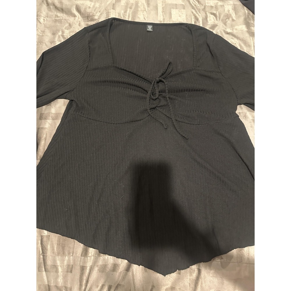 SHEIN Curve Shirt Womens 4XL Black Ribbed Knit Bell Sleeve‎ Tie Front Plus Size